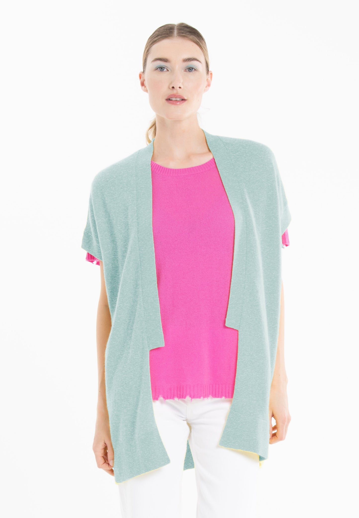 Women's water green cashmere short-sleeved cardigan - RIA 4