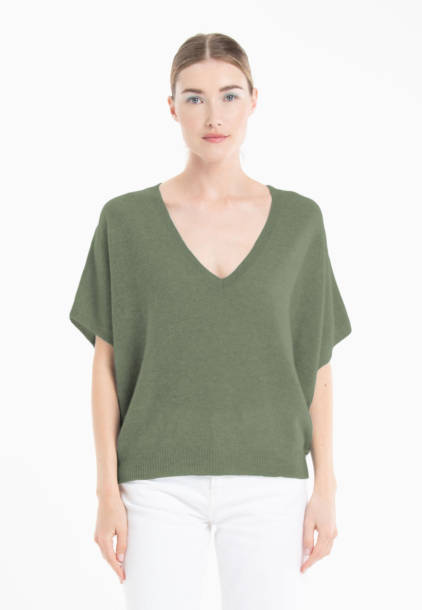 Pull col V cachemire kaki militaire femme - RIA 25