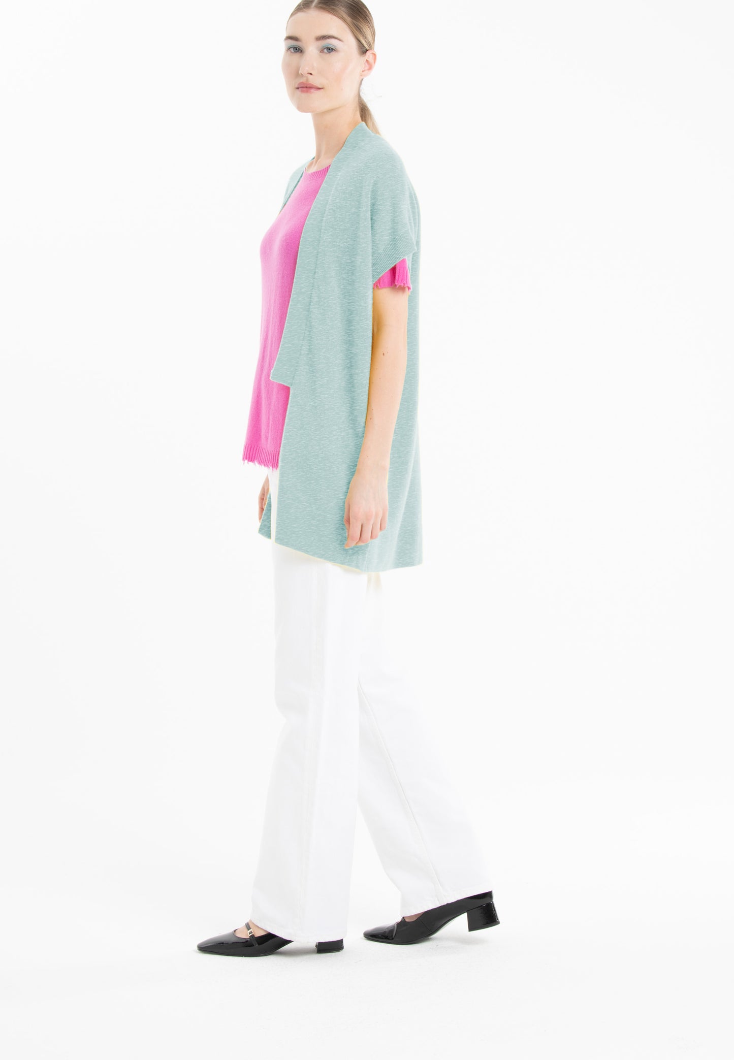 Women's water green cashmere short-sleeved cardigan - RIA 4
