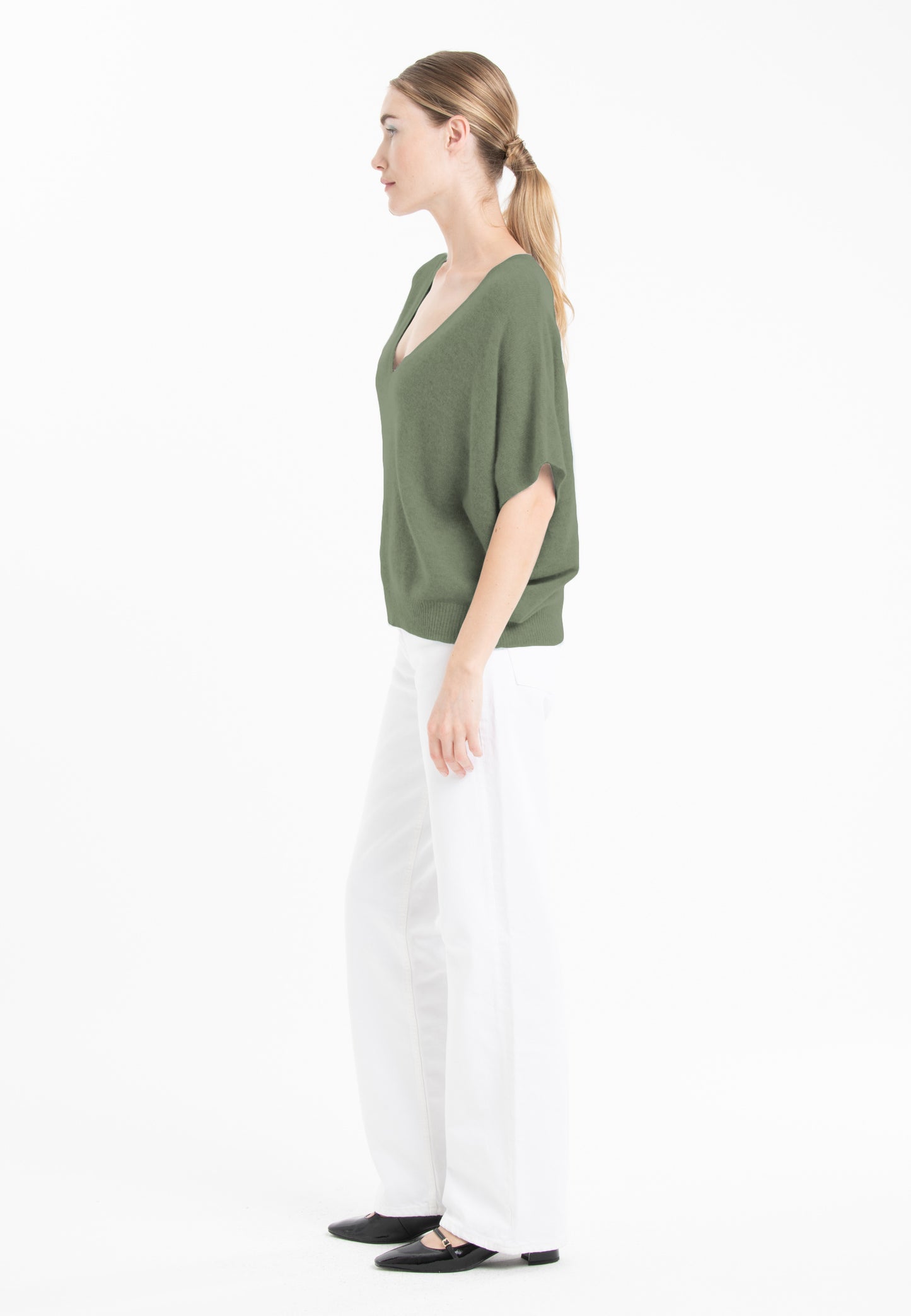 Pull col V cachemire kaki militaire femme - RIA 25