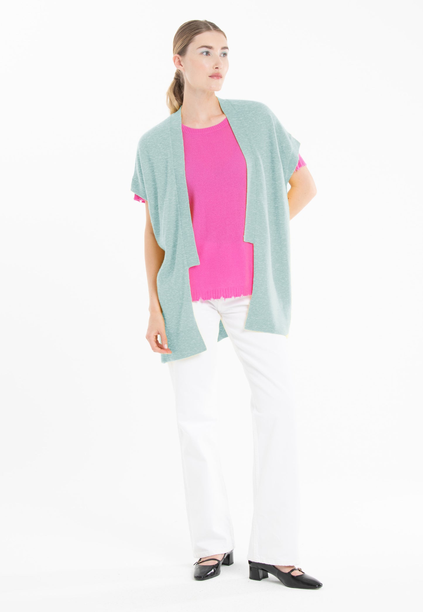 Women's water green cashmere short-sleeved cardigan - RIA 4