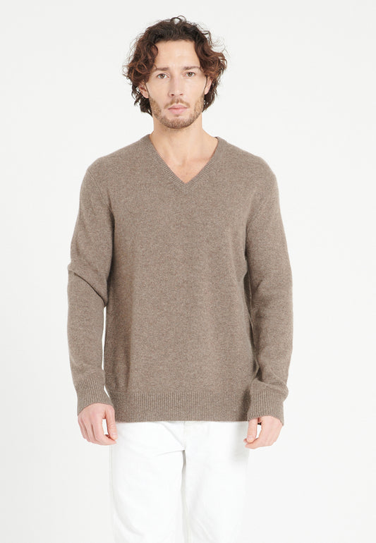 Pull col V cachemire 4 fils taupe homme - LUKE 13