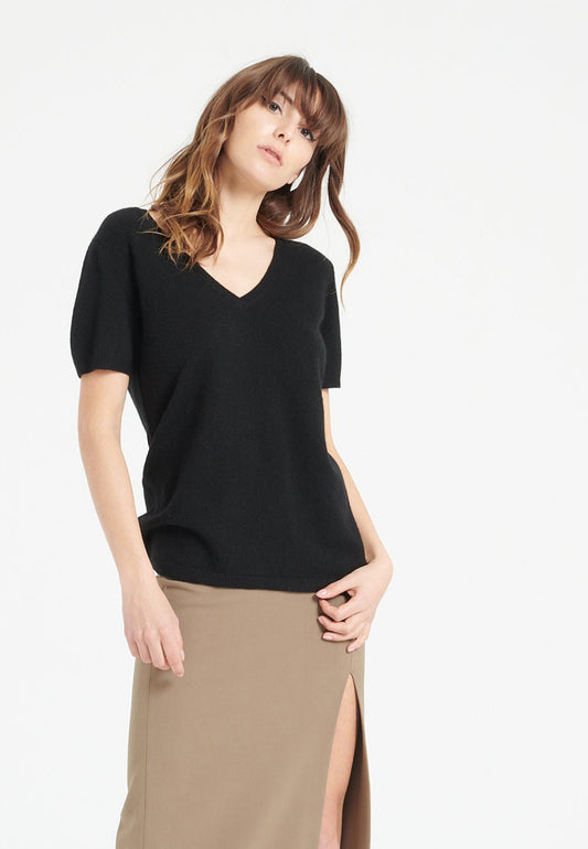Schwarzes Damen-T-Shirt aus Kaschmir mit V-Ausschnitt - LILLY 14