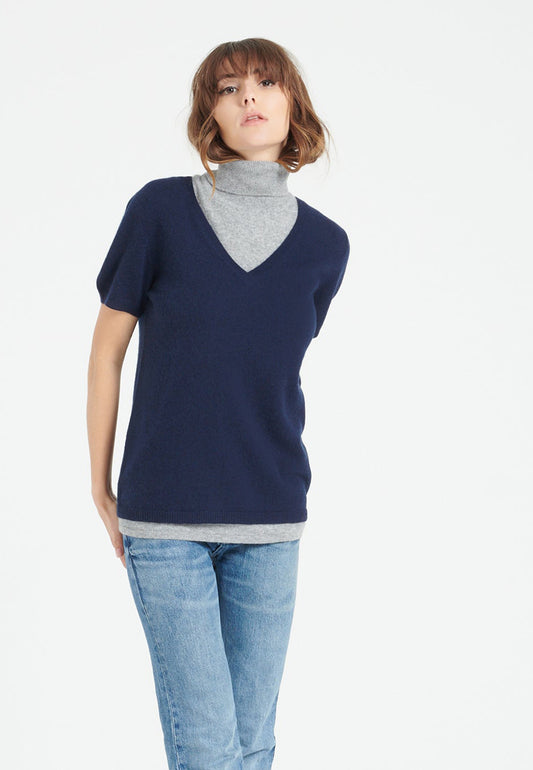 Marineblaues Damen-T-Shirt aus Kaschmir mit V-Ausschnitt - LILLY 14