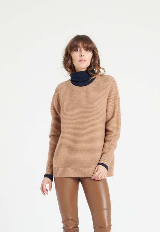 Pull col rond cachemire 4 fils camel femme - LILLY 30