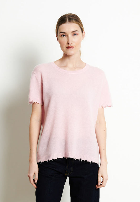 AVA 6 T-shirt en cachemire déjaugé col rond manches courtes avec finitions ciselées rose baby