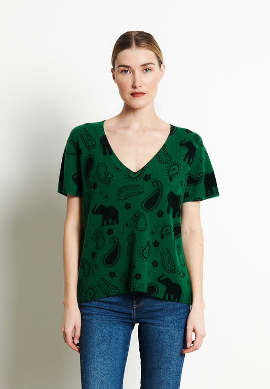 RIA 6 T-shirt col V en cachemire imprimé éléphant vert émeraude