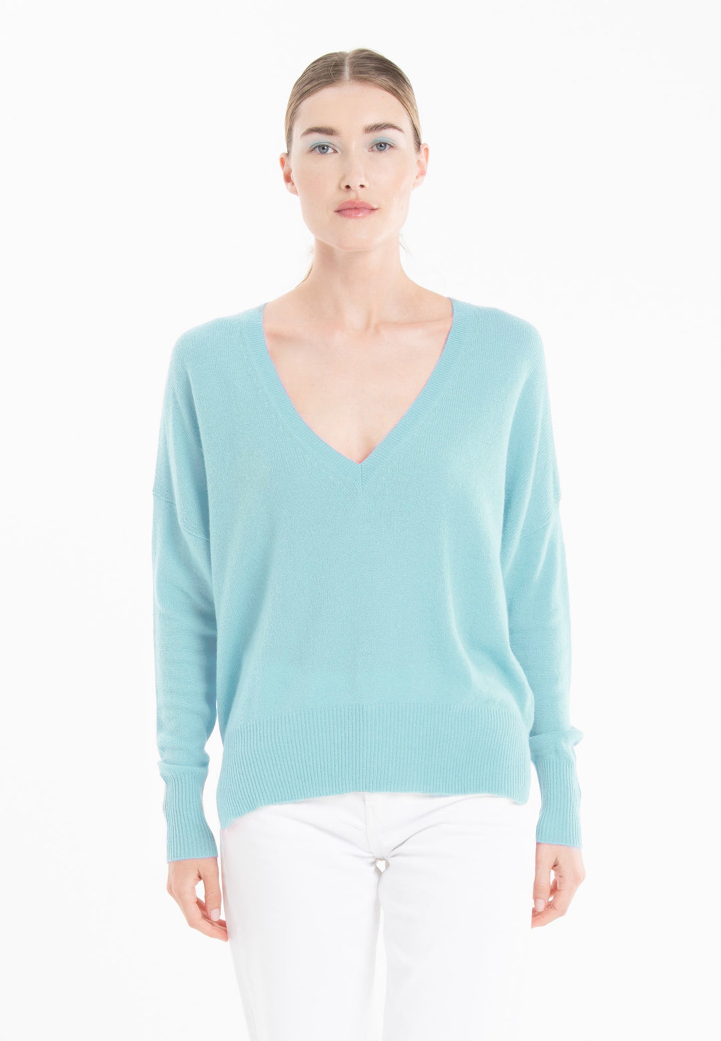 Women's turquoise cashmere V-neck sweater - RIA 3