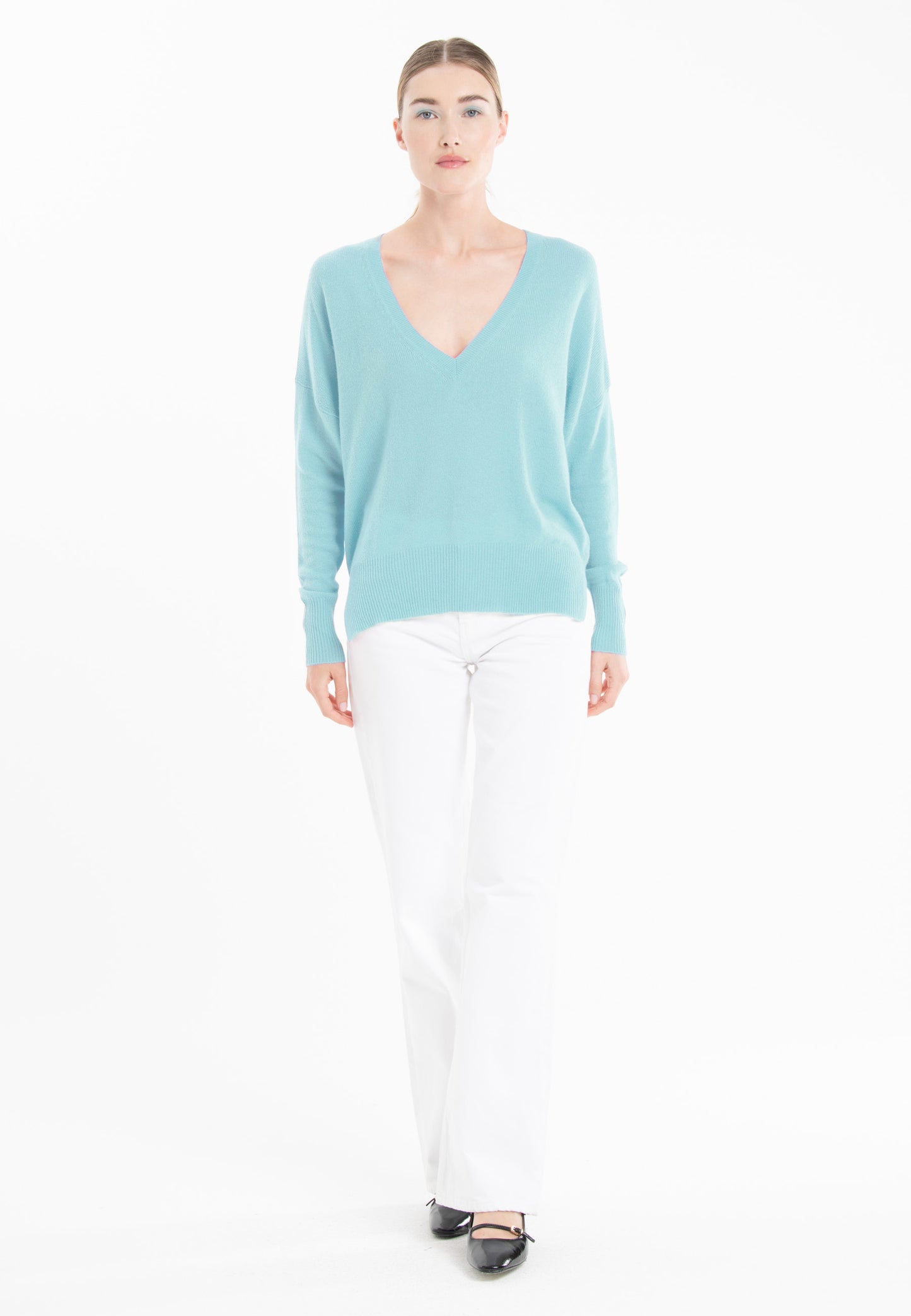 Women's turquoise cashmere V-neck sweater - RIA 3