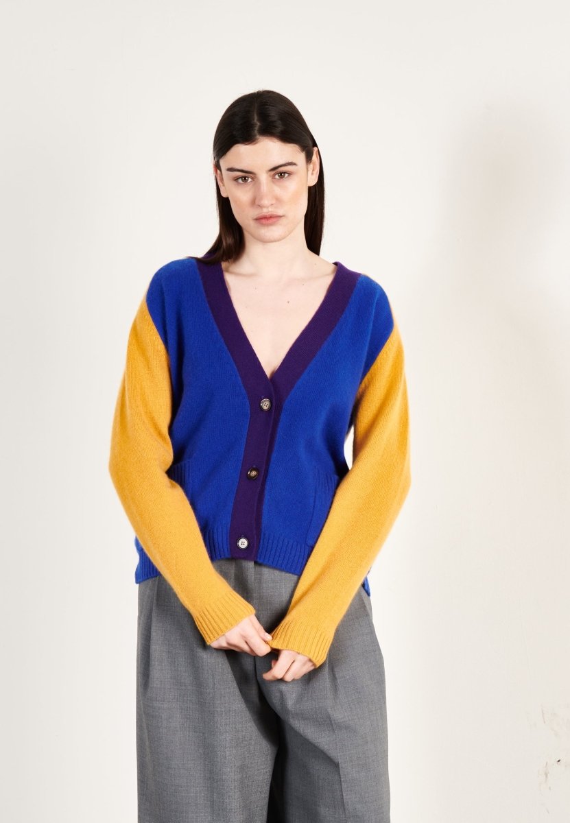 Cardigan col V cachemire 4 fils multicolore bleu pétrole femme - ZAYA 16 - Studio cashmere8