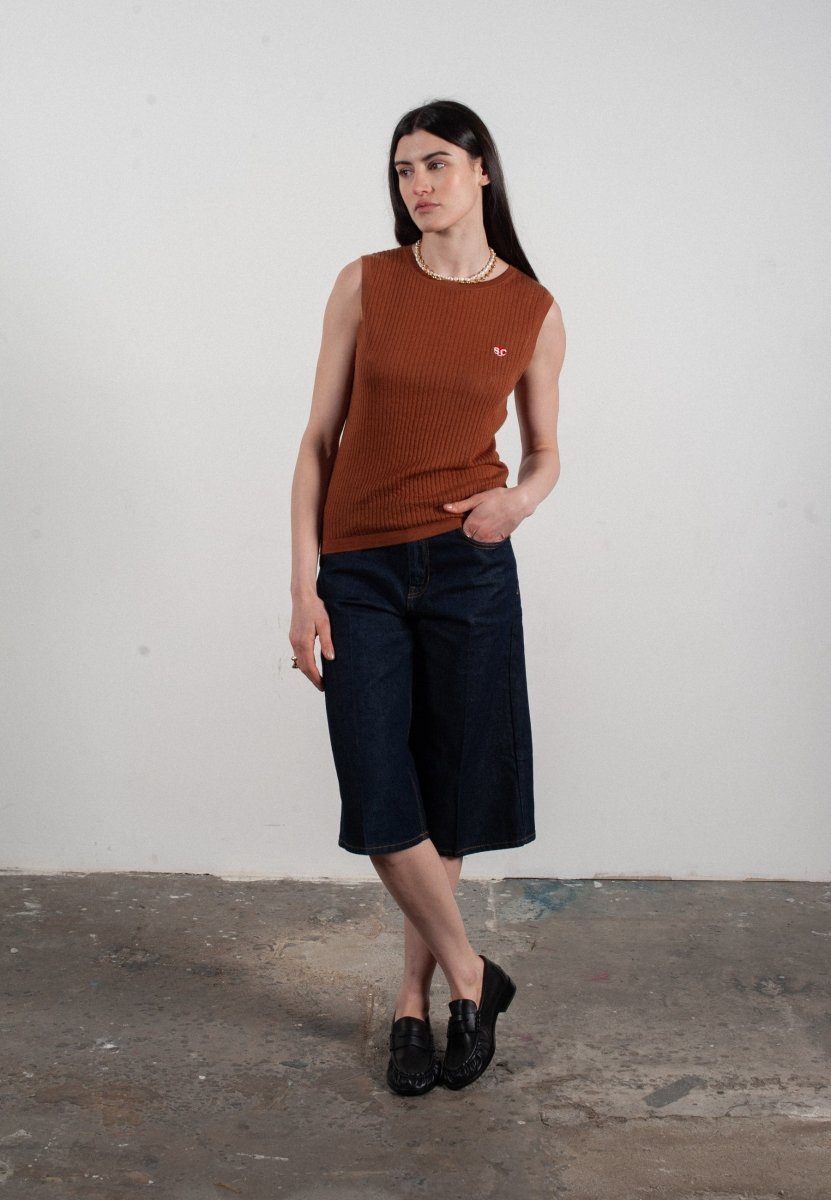 Débardeur col rond femme en cachemire et laine ajouré ultrafin marron clair - FRIDA 2 - Studio cashmere8