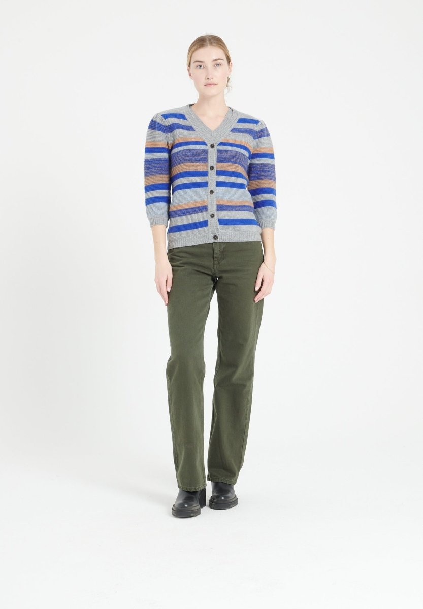 MIA 11 Cardigan col V en cachemire rayé à manches bouffantes 6 fils multi couleur - Studio cashmere8