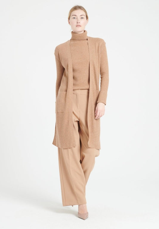 MIA 6 Long cardigan sans manches en cachemire à mailles côtelées camel - Studio cashmere8