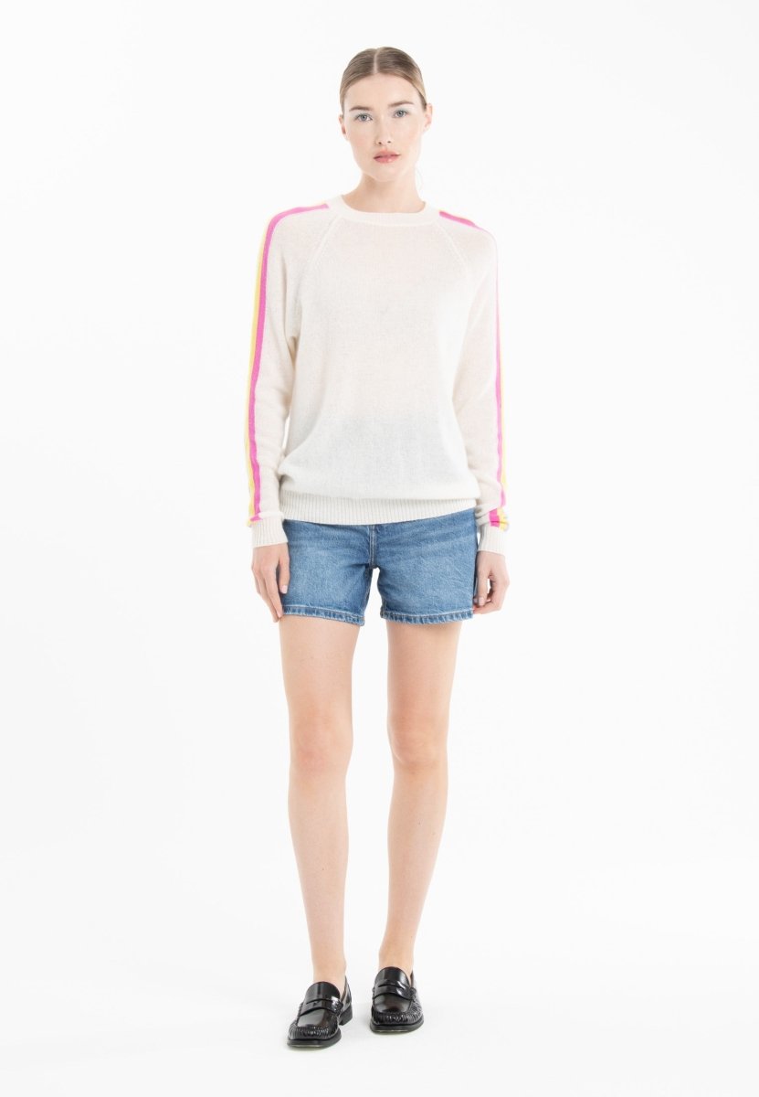 Pull col rond cachemire blanc écru/ rose/ jaune/ violet femme - KELLY 30 - Studio cashmere8