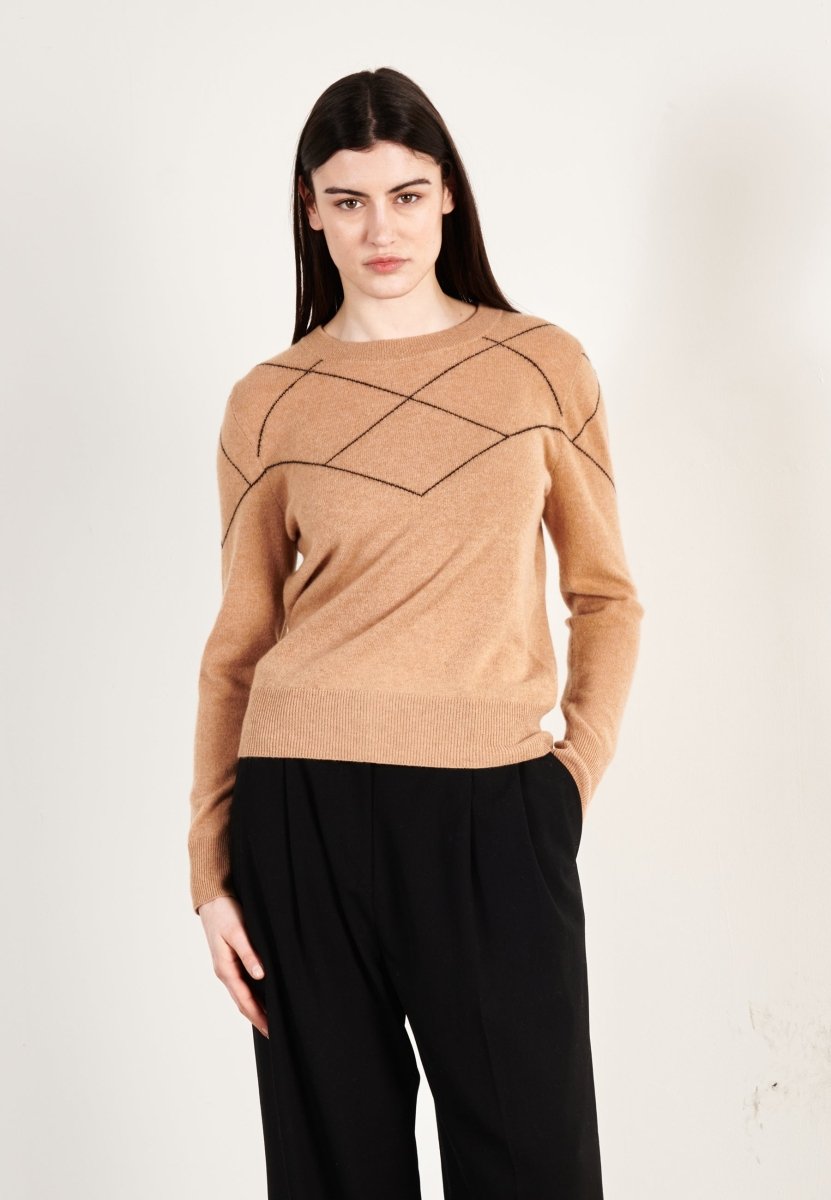 Pull col rond cachemire camel clair/noir femme - HANA 4 - Studio cashmere8