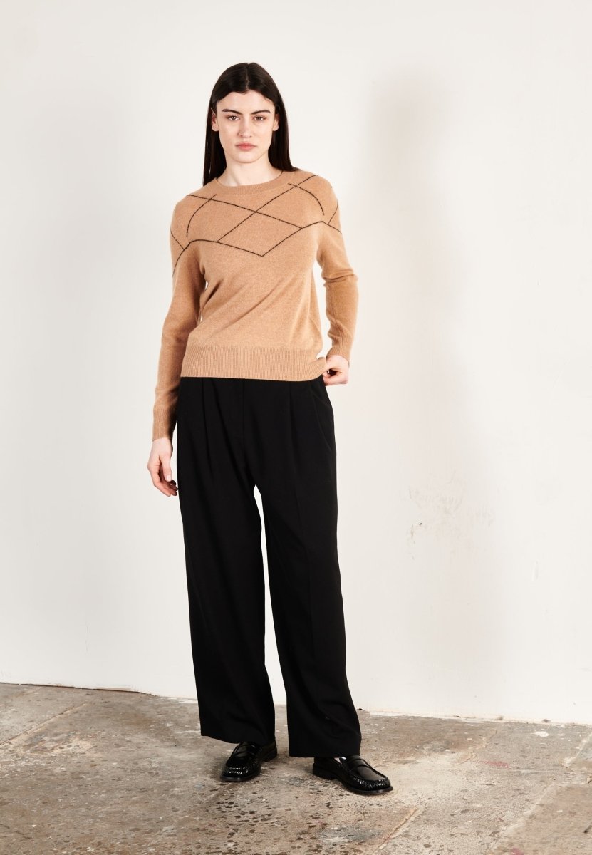 Pull col rond cachemire camel clair/noir femme - HANA 4 - Studio cashmere8