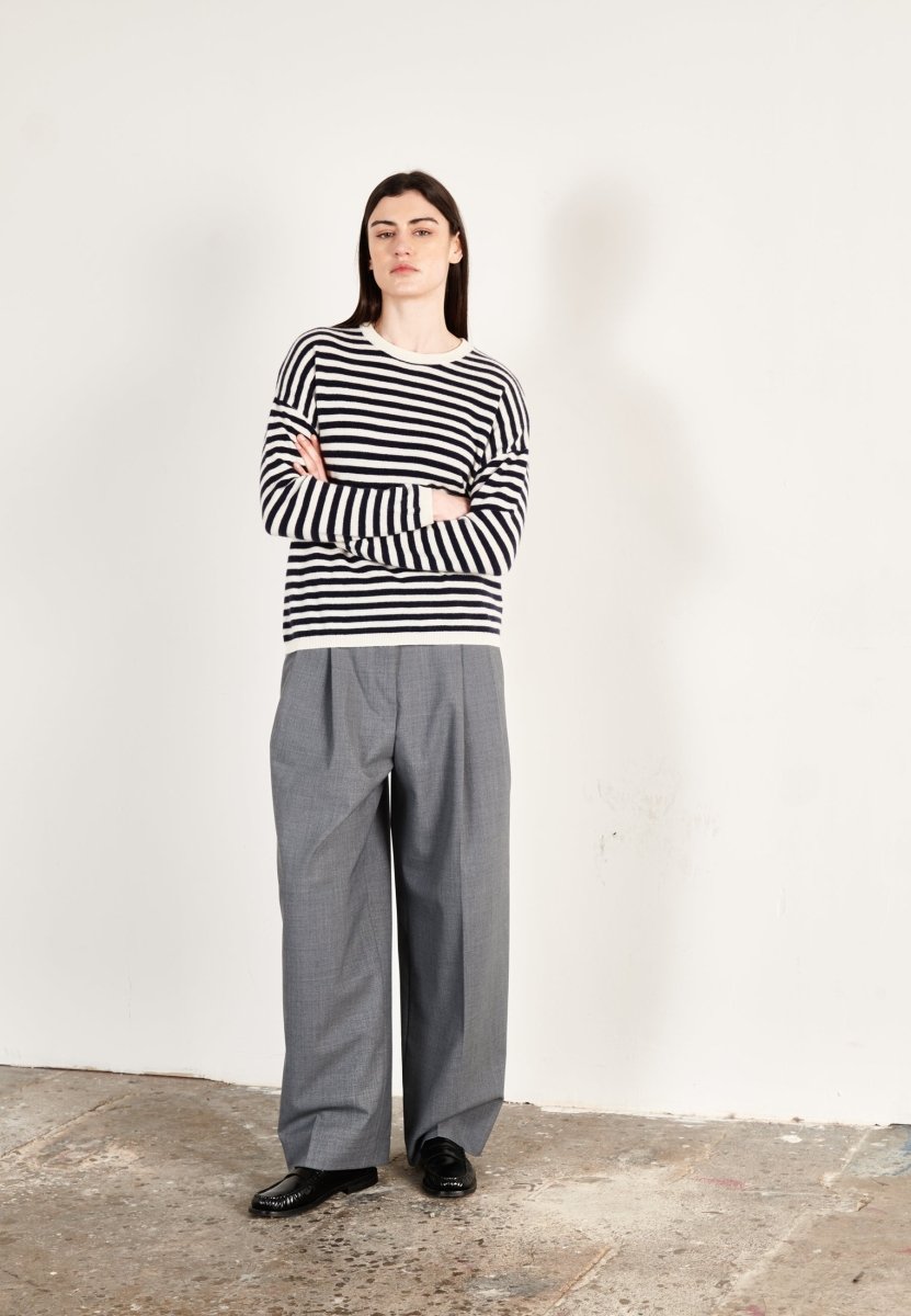 Pull col rond cachemire écru/bleu marine femme - HANA 5 - Studio cashmere8