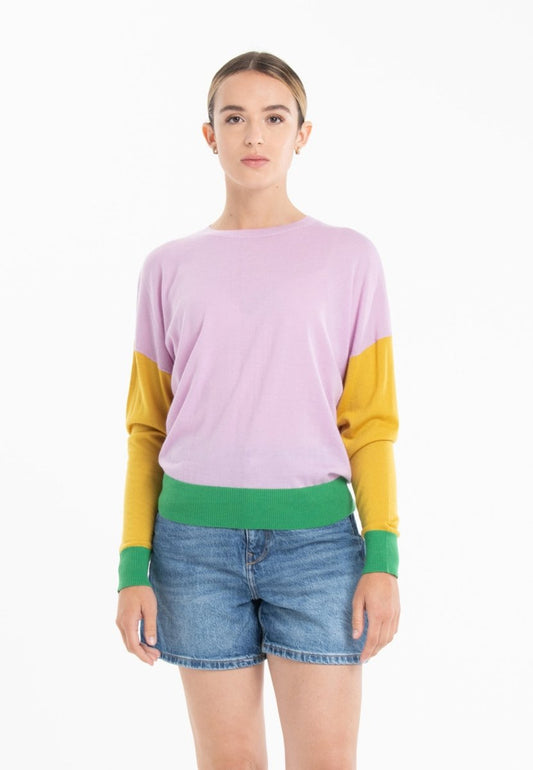 Pull col rond oversize tricolore ultrafin cachemire et laine lavande/jaune/vert femme - KELLY 9 - Studio cashmere8