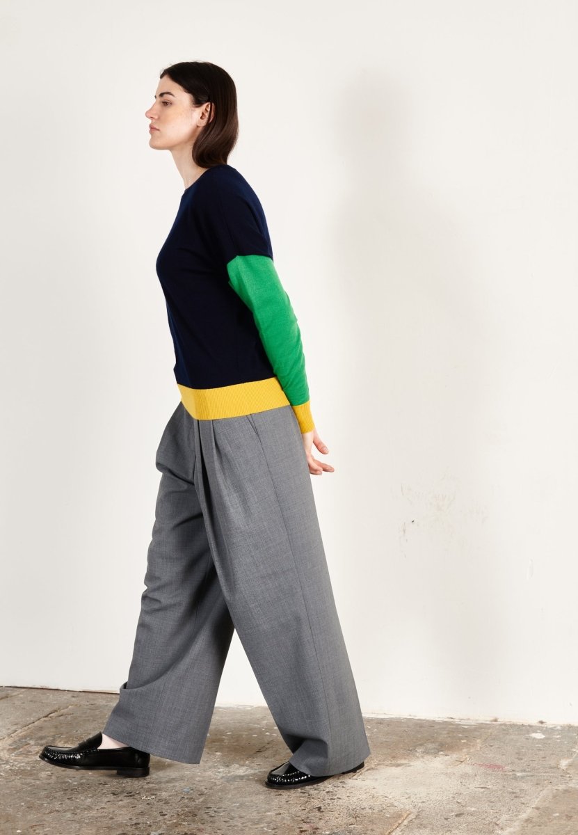 Pull col rond oversize tricolore ultrafin cachemire et laine marine/vert/jaune femme - KELLY 9 - Studio cashmere8