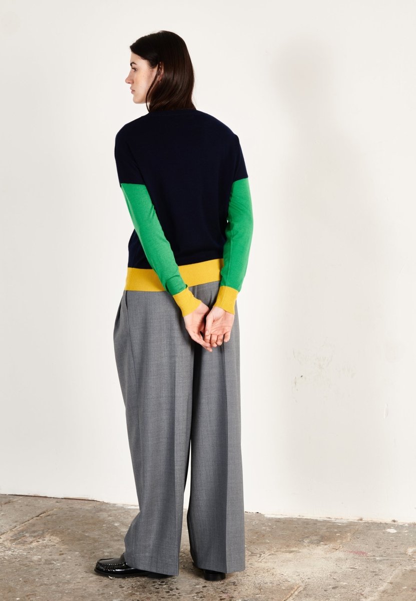 Pull col rond oversize tricolore ultrafin cachemire et laine marine/vert/jaune femme - KELLY 9 - Studio cashmere8