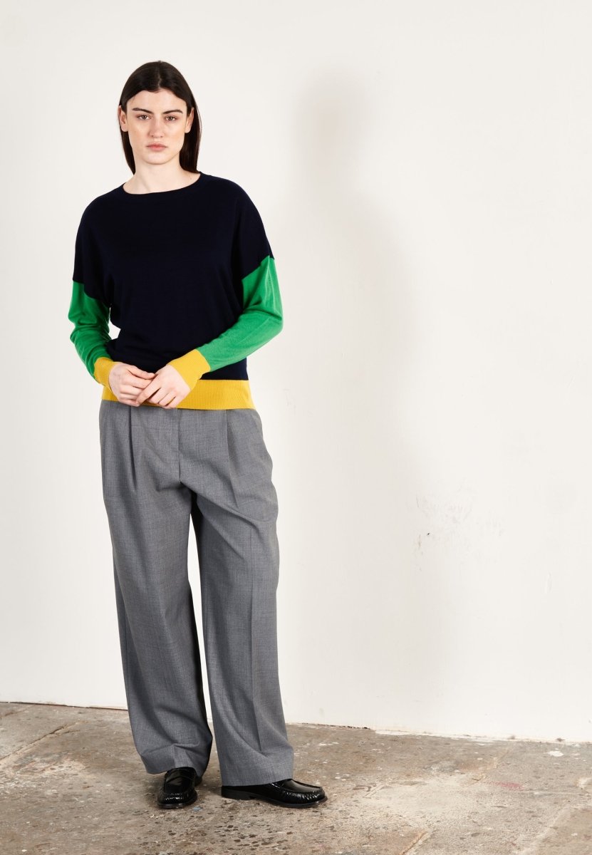 Pull col rond oversize tricolore ultrafin cachemire et laine marine/vert/jaune femme - KELLY 9 - Studio cashmere8