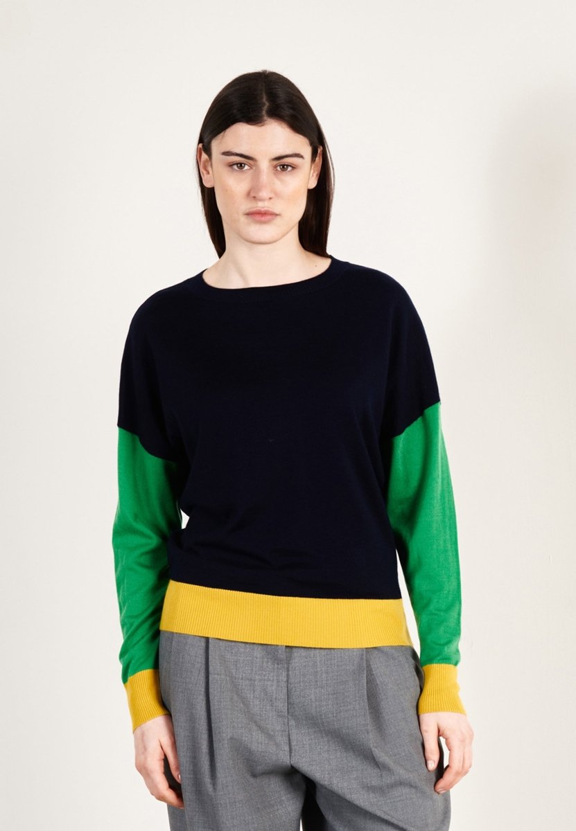 Pull col rond oversize tricolore ultrafin cachemire et laine marine/vert/jaune femme - KELLY 9 - Studio cashmere8