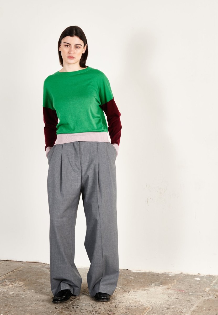 Pull col rond oversize tricolore ultrafin cachemire et laine vert/bordeaux/violet femme - KELLY 9 - Studio cashmere8