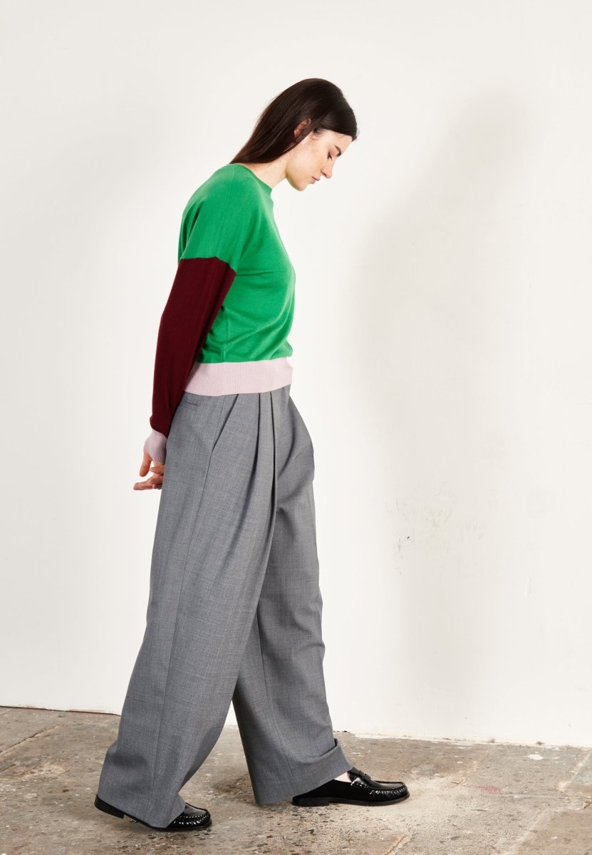 Pull col rond oversize tricolore ultrafin cachemire et laine vert/bordeaux/violet femme - KELLY 9 - Studio cashmere8