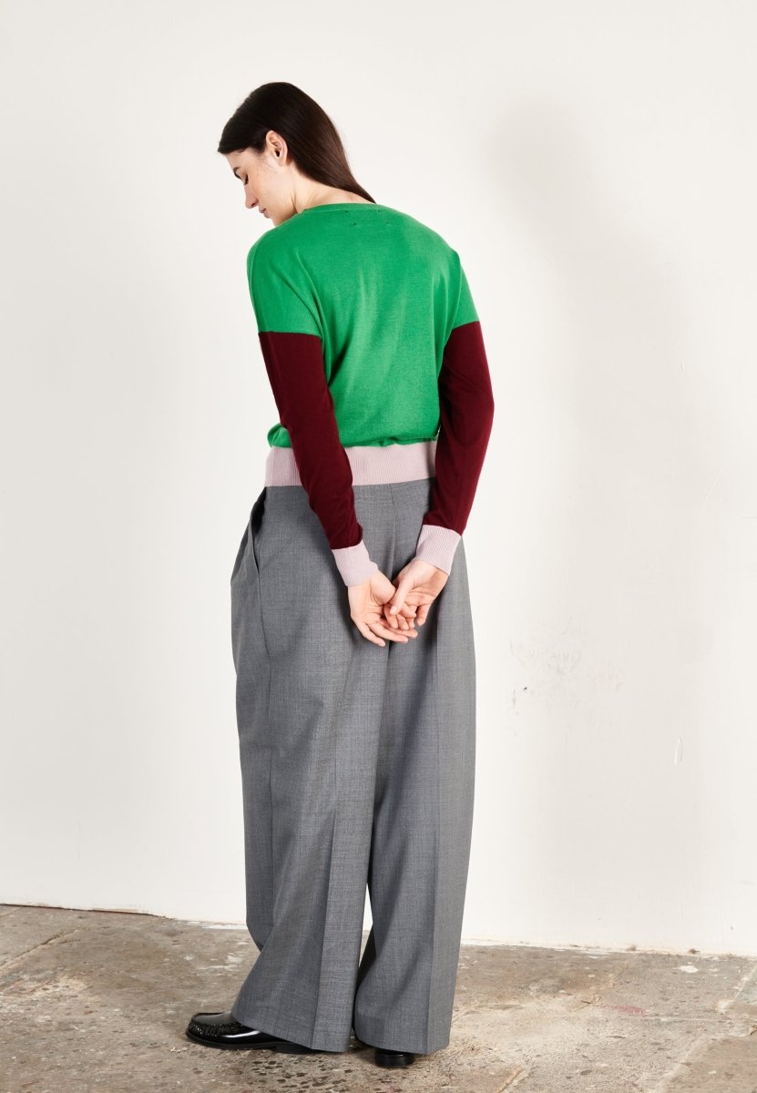 Pull col rond oversize tricolore ultrafin cachemire et laine vert/bordeaux/violet femme - KELLY 9 - Studio cashmere8