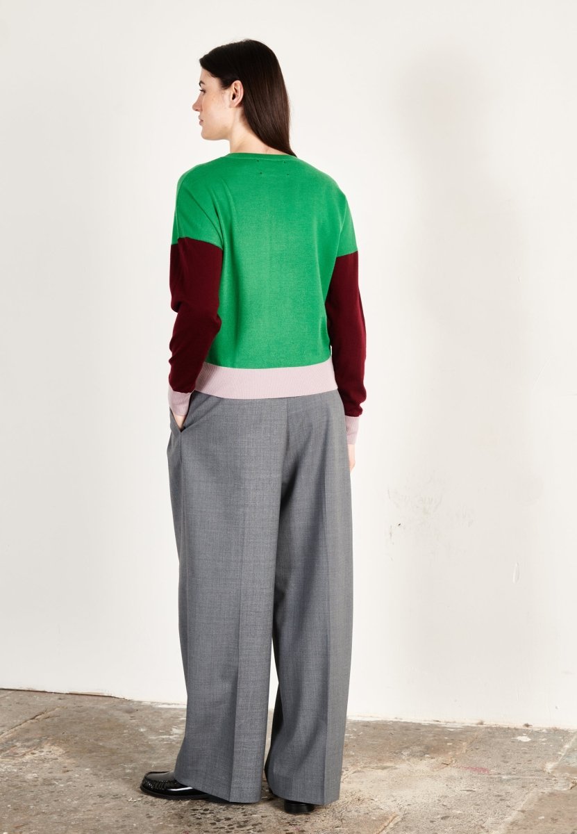 Pull col rond oversize tricolore ultrafin cachemire et laine vert/bordeaux/violet femme - KELLY 9 - Studio cashmere8