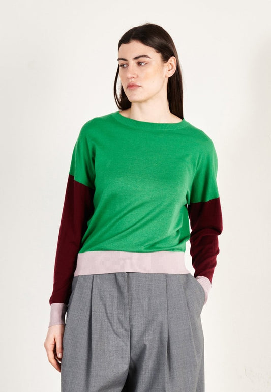 Pull col rond oversize tricolore ultrafin cachemire et laine vert/bordeaux/violet femme - KELLY 9 - Studio cashmere8