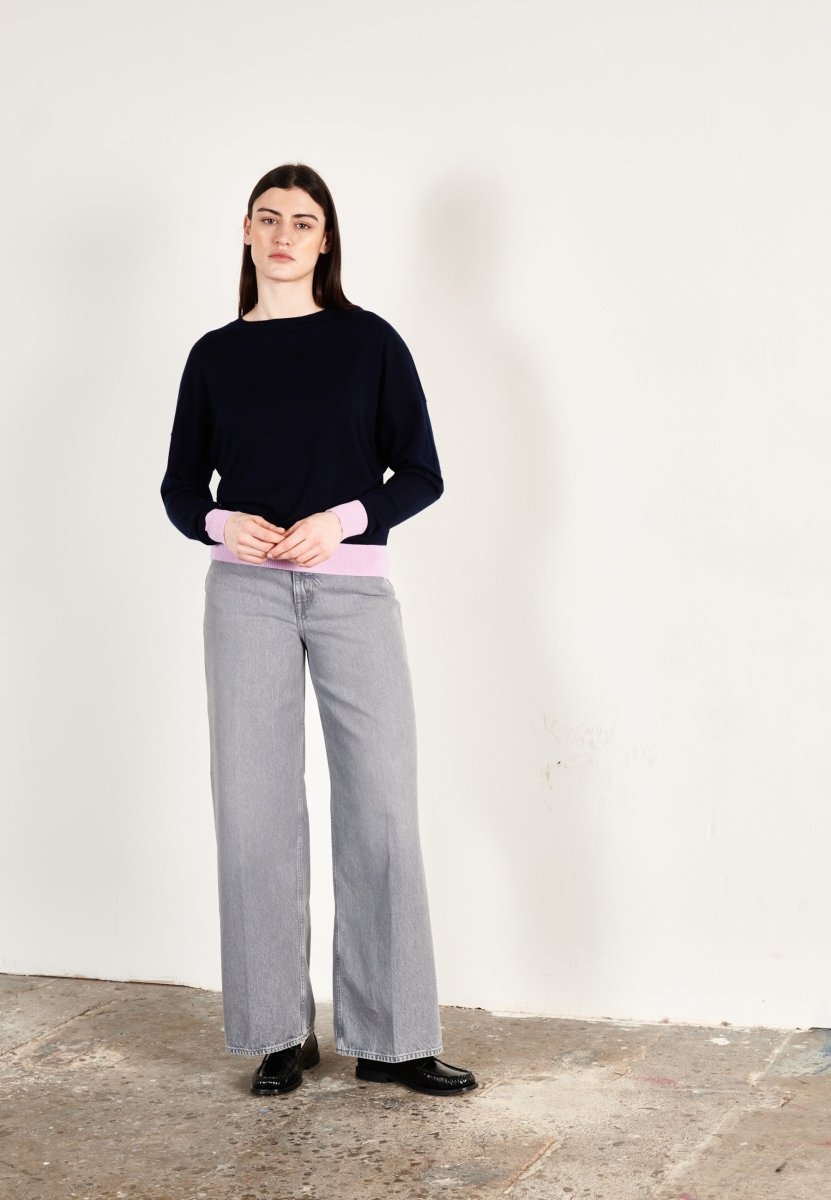 Pull col rond oversize ultrafin cachemire et laine bleu marine/lavande femme - KELLY 3 - Studio cashmere8