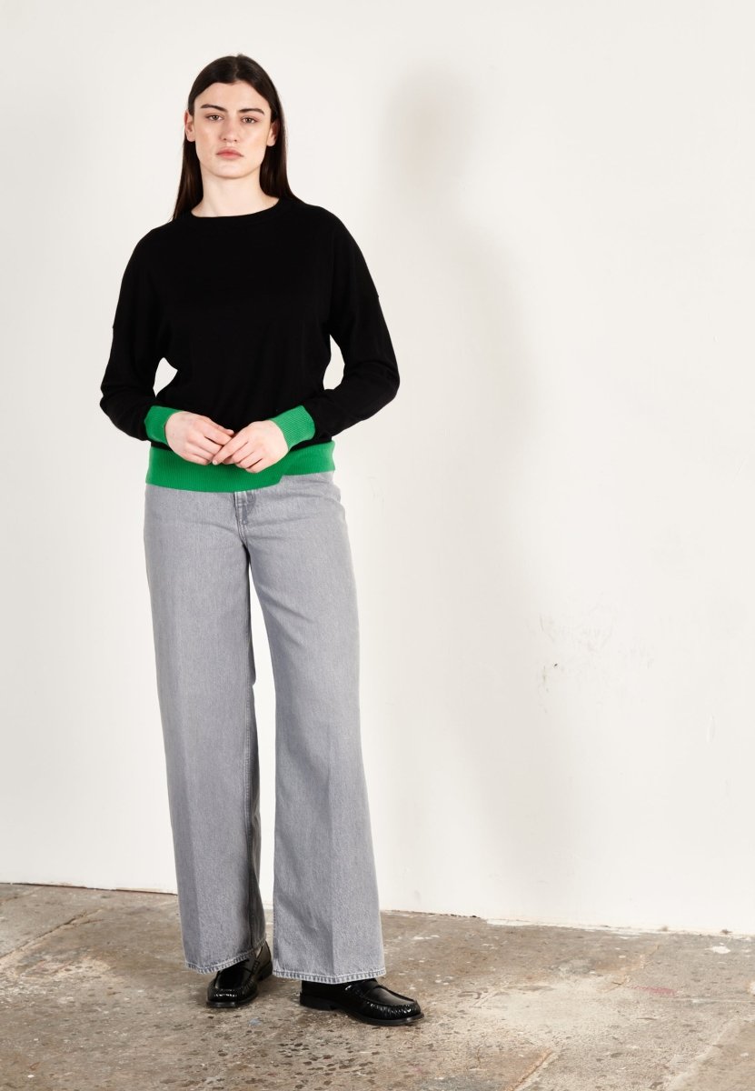 Pull col rond oversize ultrafin cachemire et laine noir/vert femme - KELLY 3 - Studio cashmere8