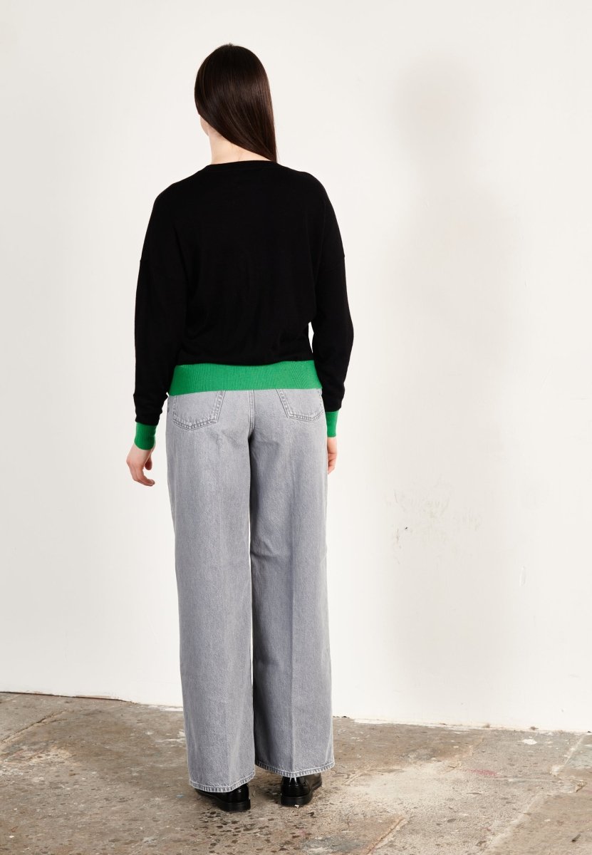 Pull col rond oversize ultrafin cachemire et laine noir/vert femme - KELLY 3 - Studio cashmere8