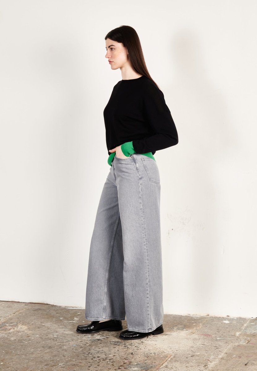 Pull col rond oversize ultrafin cachemire et laine noir/vert femme - KELLY 3 - Studio cashmere8