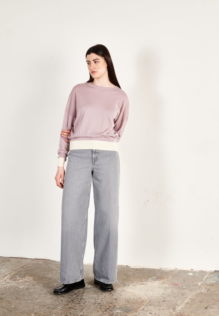 Pull col rond oversize ultrafin cachemire et laine violet/blanc femme - KELLY 3 - Studio cashmere8