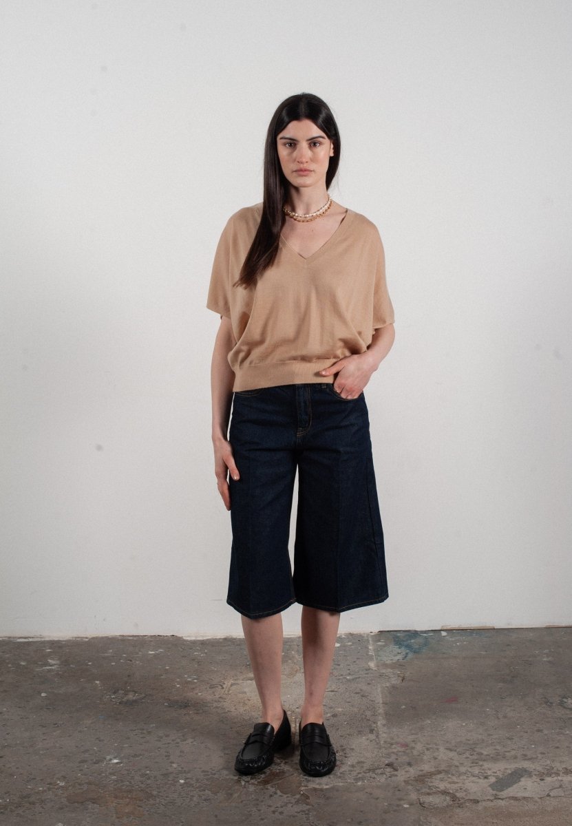 Pull col V à manches chauve souris femme en cachemire & laine ultrafin beige - KELLY 6 - Studio cashmere8