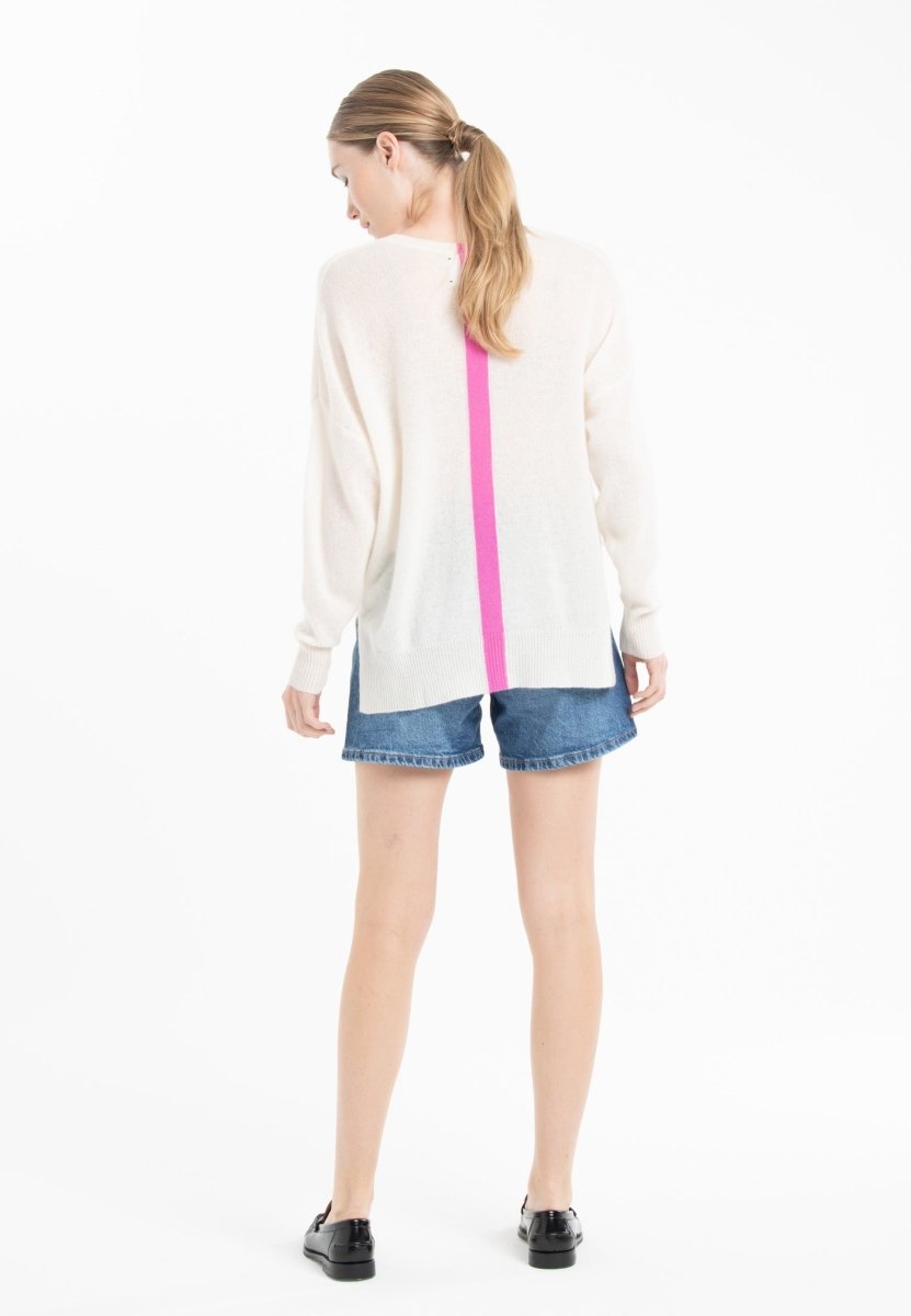 Pull col V cachemire blanc écru/rose barbie femme - NAMI 23 - Studio cashmere8