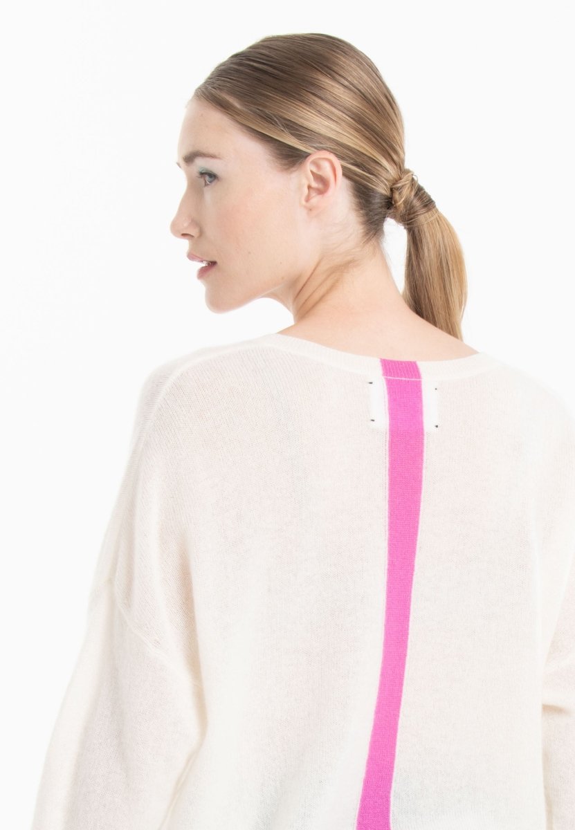 Pull col V cachemire blanc écru/rose barbie femme - NAMI 23 - Studio cashmere8