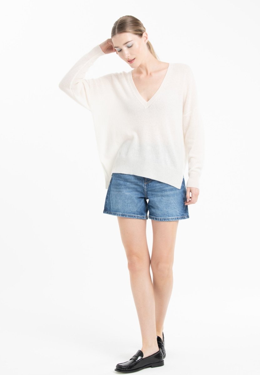 Pull col V cachemire blanc écru/rose barbie femme - NAMI 23 - Studio cashmere8