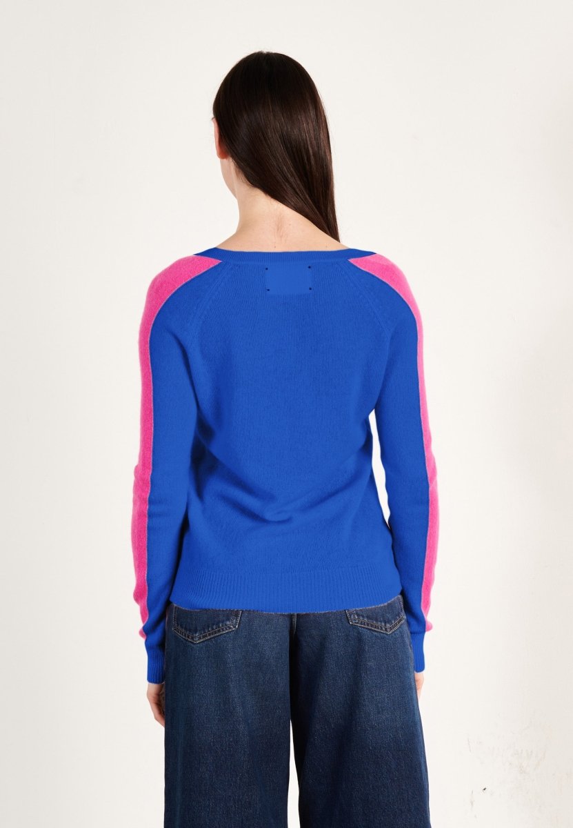 Pull col V cachemire bleu pétrole/rose indien femme - RIA 1 - Studio cashmere8