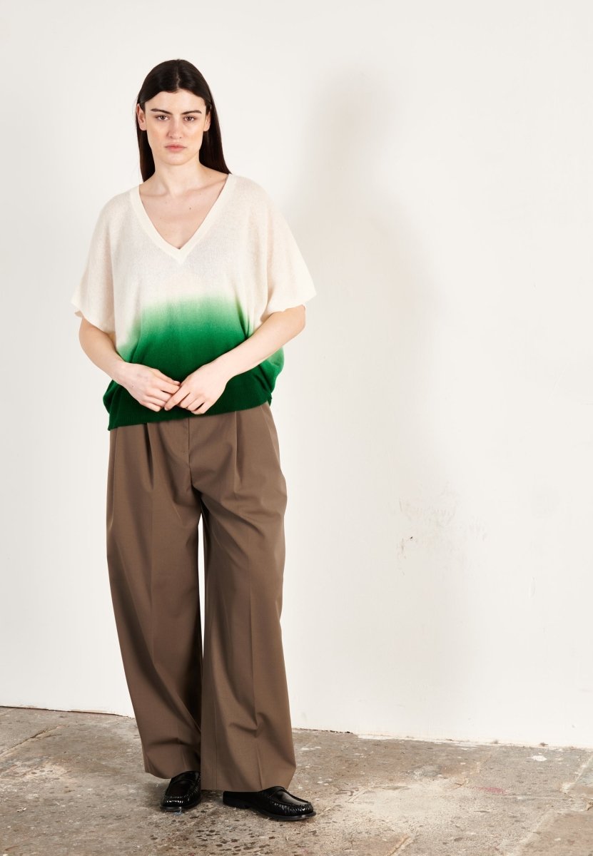 Pull col V cachemire écru/vert émeraude femme - RIA 7A - Studio cashmere8