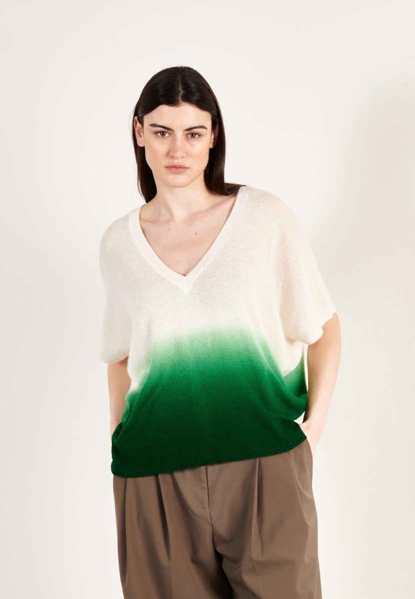 Pull col V cachemire écru/vert émeraude femme - RIA 7A - Studio cashmere8