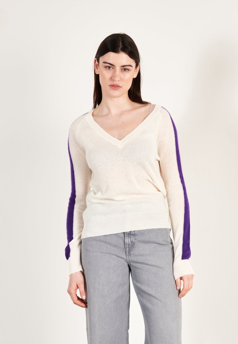 Pull col V cachemire écru/violet femme - RIA 1 - Studio cashmere8