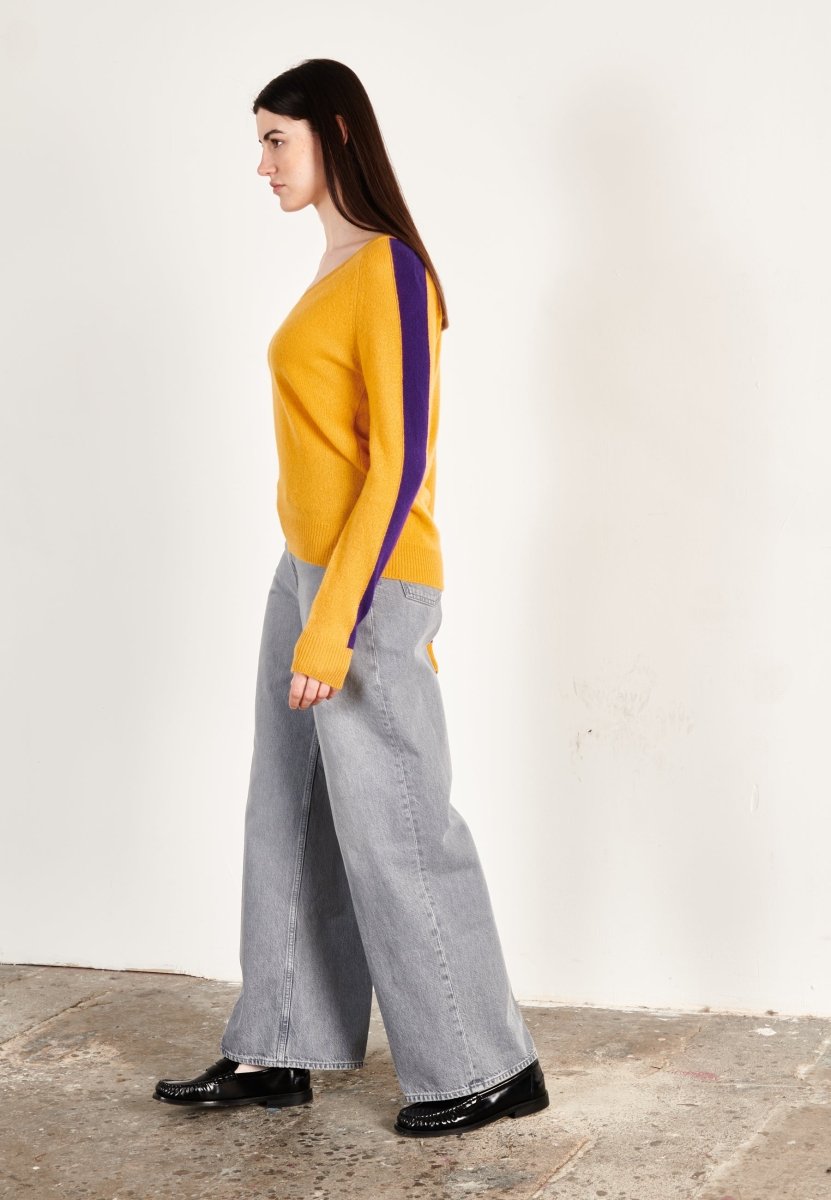 Pull col V cachemire moutarde/violet femme - RIA 1 - Studio cashmere8