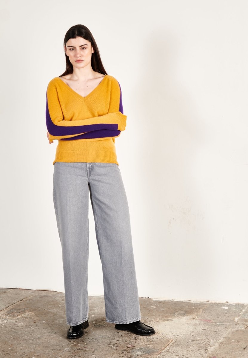 Pull col V cachemire moutarde/violet femme - RIA 1 - Studio cashmere8