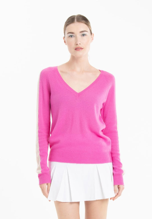 Pull col V cachemire rose barbie/skin femme - RIA 1 - Studio cashmere8