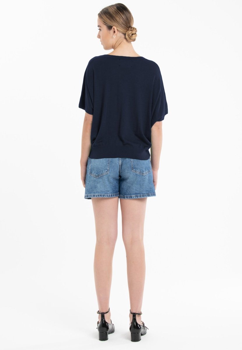 Pull col V manches chauve souris ultrafin cachemire et laine bleu marine femme - KELLY 6 - Studio cashmere8