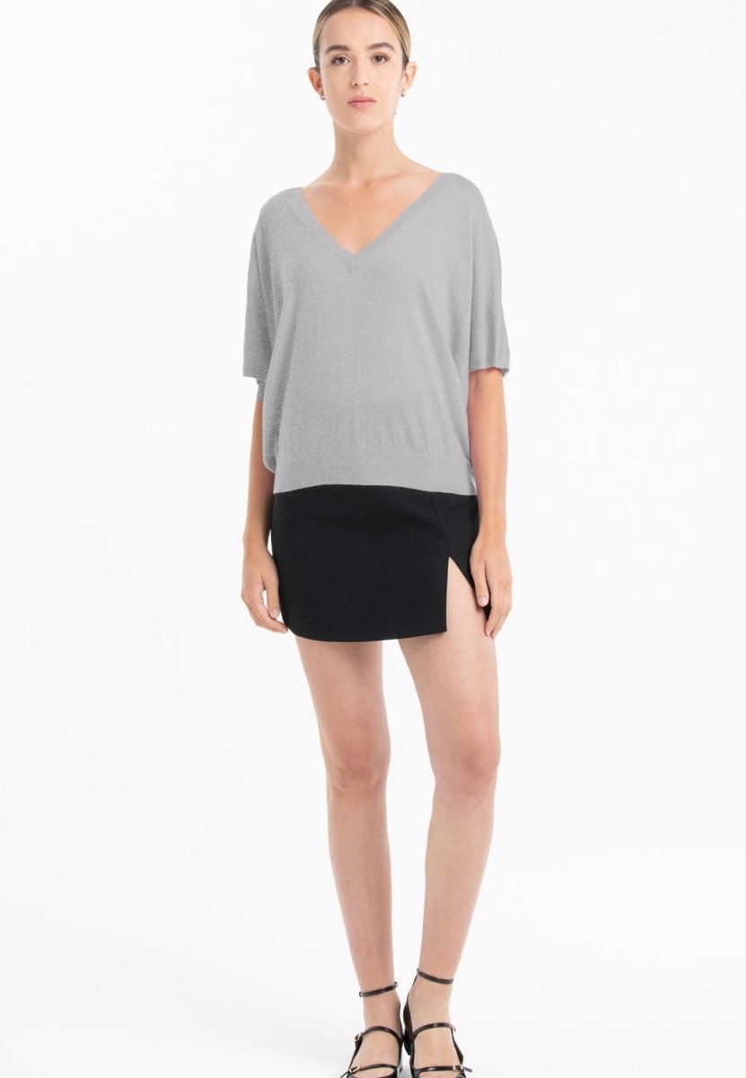 Pull col V manches chauve souris ultrafin cachemire et laine gris femme - KELLY 6 - Studio cashmere8