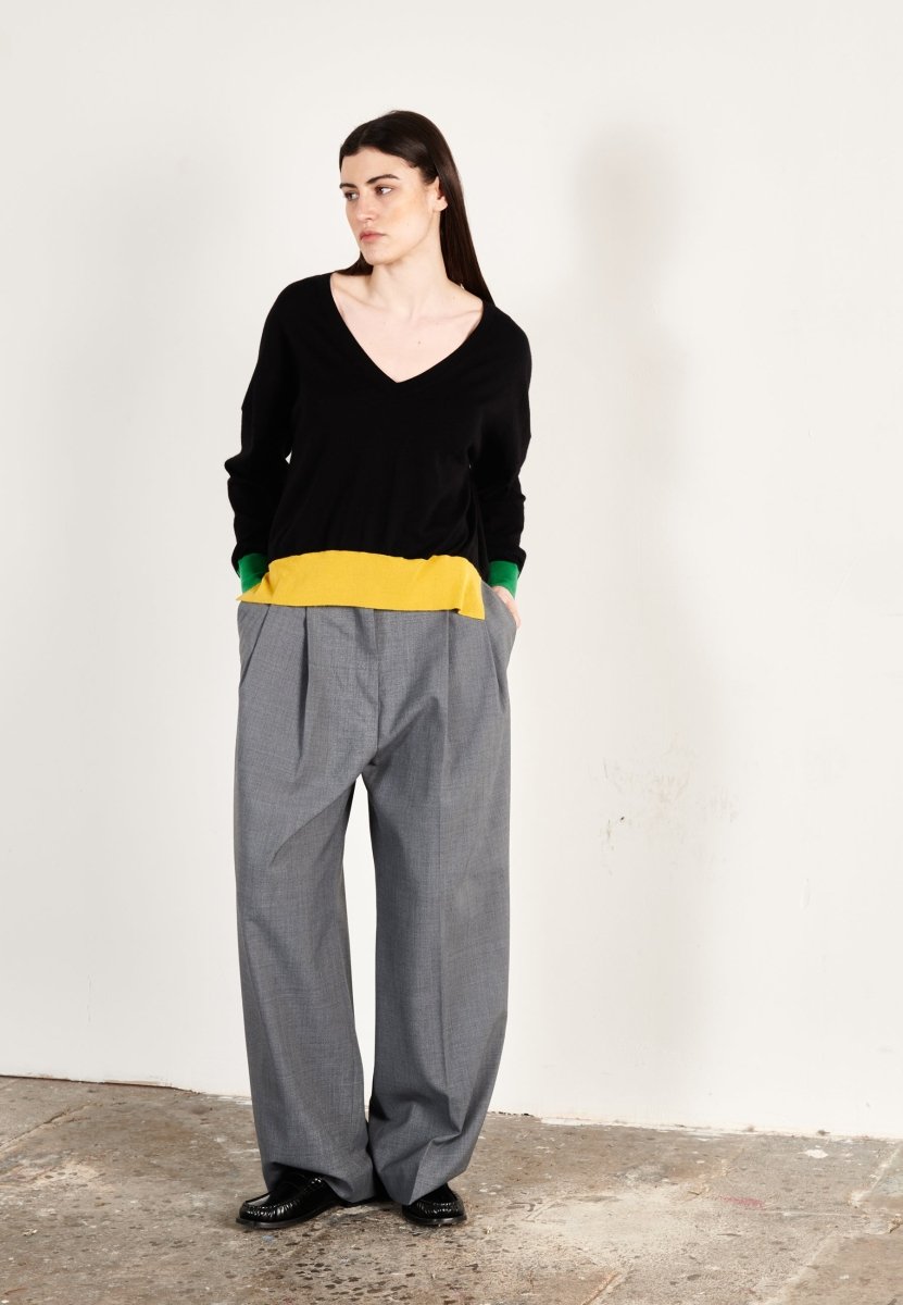 Pull col V oversize ultrafin cachemire et laine noir/vert/jaune femme - KELLY 10 - Studio cashmere8